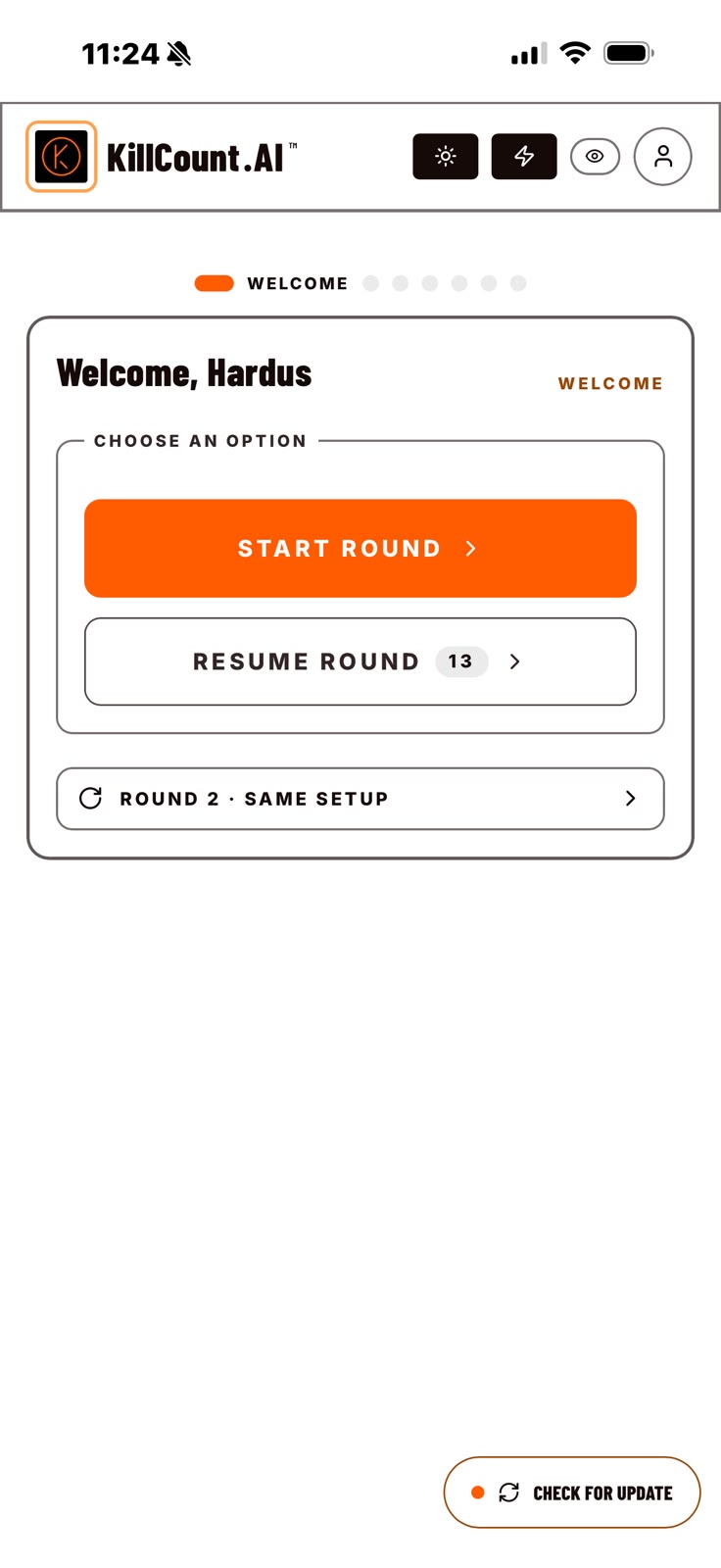 KillCountAI welcome screen in light theme with start round and resume round options