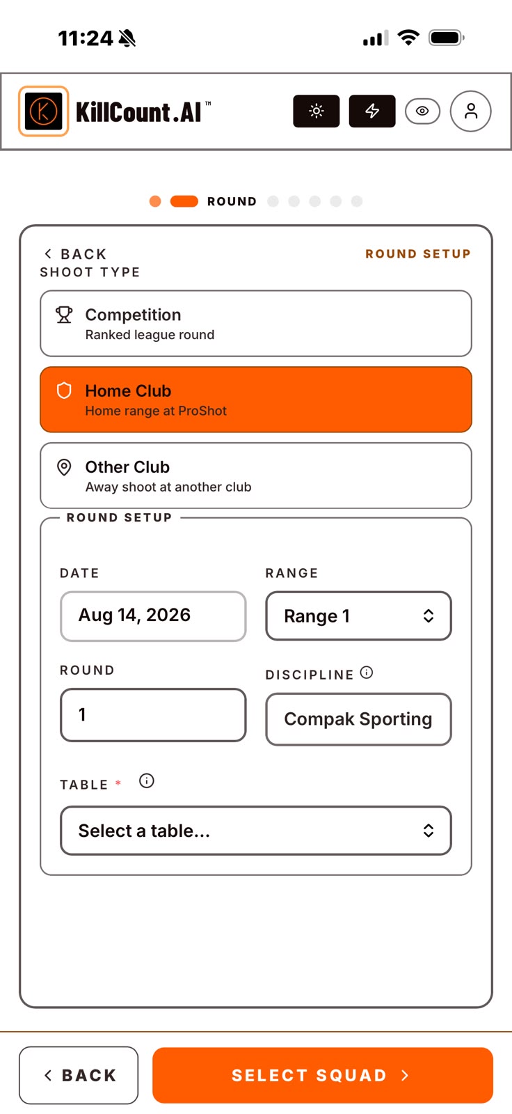 KillCountAI round setup screen in light theme with shoot type, range and discipline